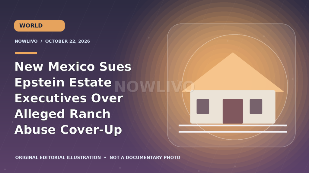 Original editorial graphic of a ranch building and legal-document theme for the New Mexico civil lawsuit involving Epstein’s estate.