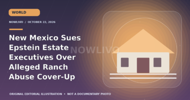 Original editorial graphic of a ranch building and legal-document theme for the New Mexico civil lawsuit involving Epstein’s estate.