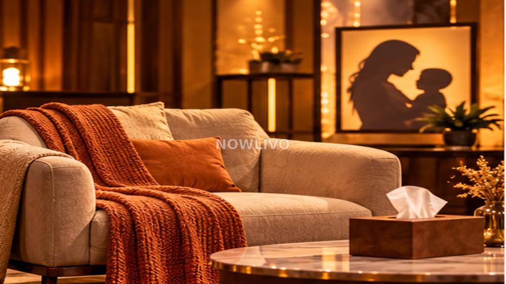Conceptual amber-toned interview lounge with empty sofa and tissue box representing the reported Bigg Boss Hindi conversation about family and finances; editorial illustration. Centered NOWLIVO watermark.