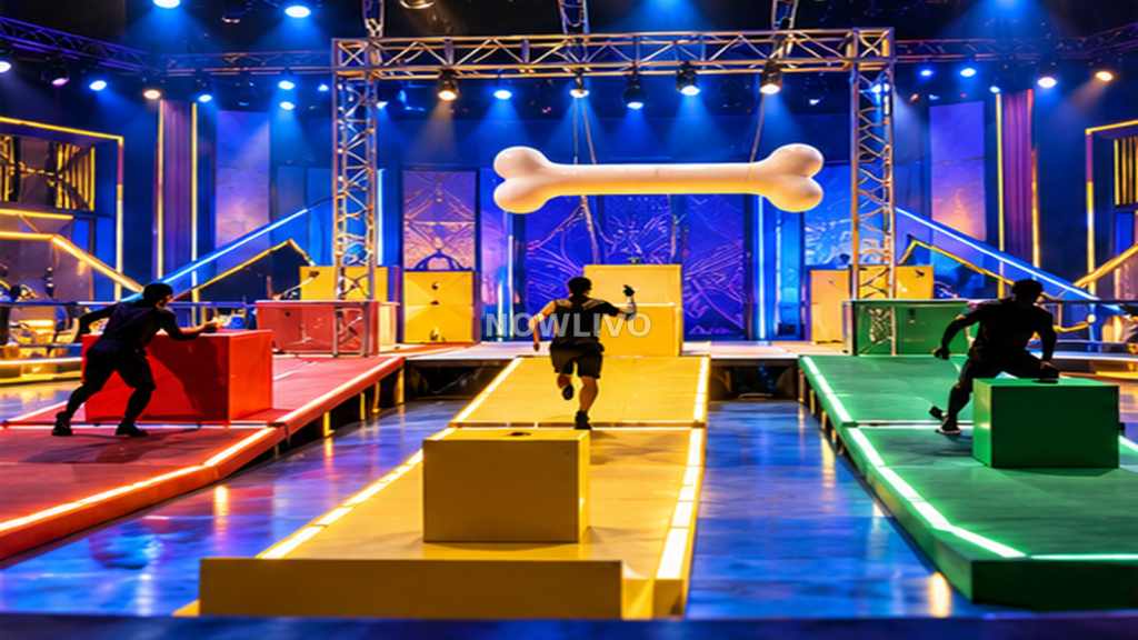 Conceptual blue and gold obstacle-course stage with colored lanes, a bone prop and anonymous contestants representing the Bigg Boss Telugu GOAT challenge; illustration. Centered NOWLIVO watermark.