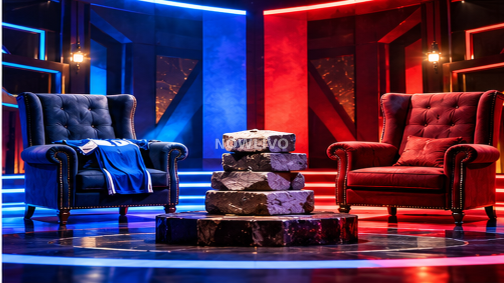 Conceptual red-versus-blue team challenge with empty opposing chairs and stacked stones, illustrating reported Bigg Boss Tamil team-switch dispute; not an episode still. Centered NOWLIVO watermark.