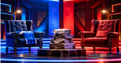 Conceptual red-versus-blue team challenge with empty opposing chairs and stacked stones, illustrating reported Bigg Boss Tamil team-switch dispute; not an episode still. Centered NOWLIVO watermark.