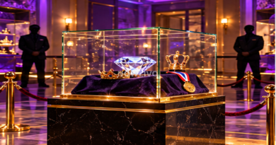 Conceptual purple and gold museum prize vault with diamond, crown and medals under security lights representing Bigg Boss Kannada heist task; illustration. Centered NOWLIVO watermark.