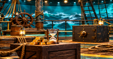 Conceptual ship-deck challenge with ropes, gold bars and an hourglass representing Bigg Boss Malayalam Sailors Dare endurance task; illustration. Centered NOWLIVO watermark.