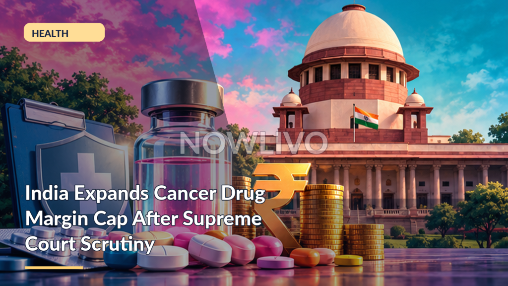 Original NOWLIVO editorial illustration showing medicine bottles, rupee coins, Indian courthouse and patient care icon.