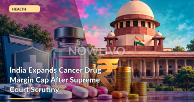 Original NOWLIVO editorial illustration showing medicine bottles, rupee coins, Indian courthouse and patient care icon.