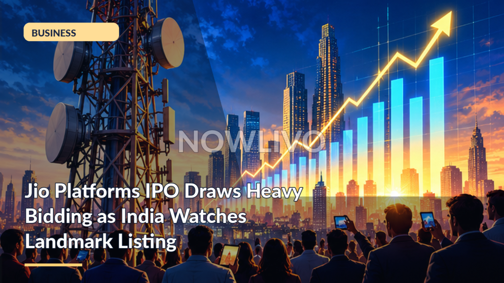 Original NOWLIVO editorial illustration showing 5G tower, Mumbai skyline, market graph and mobile phone.