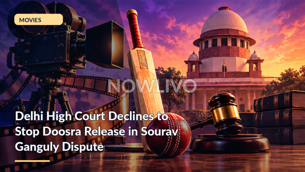 Original NOWLIVO editorial illustration showing cricket bat and red ball, film reel, gavel, courthouse.