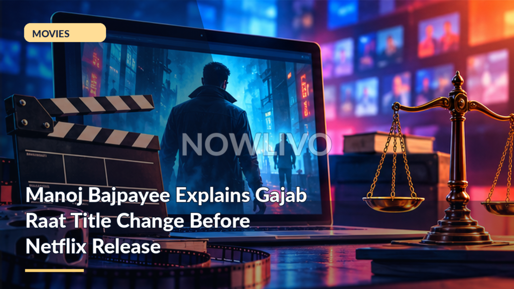 Original NOWLIVO editorial illustration showing streaming screen, film clapperboard, night city skyline, balanced scales.