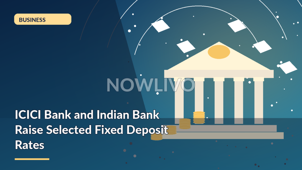 Original NOWLIVO editorial illustration showing bank facade, savings jar, calendar and rupee interest chart.