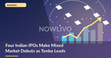 Original NOWLIVO editorial illustration showing four stock market screens, rising and falling charts, exchange building.