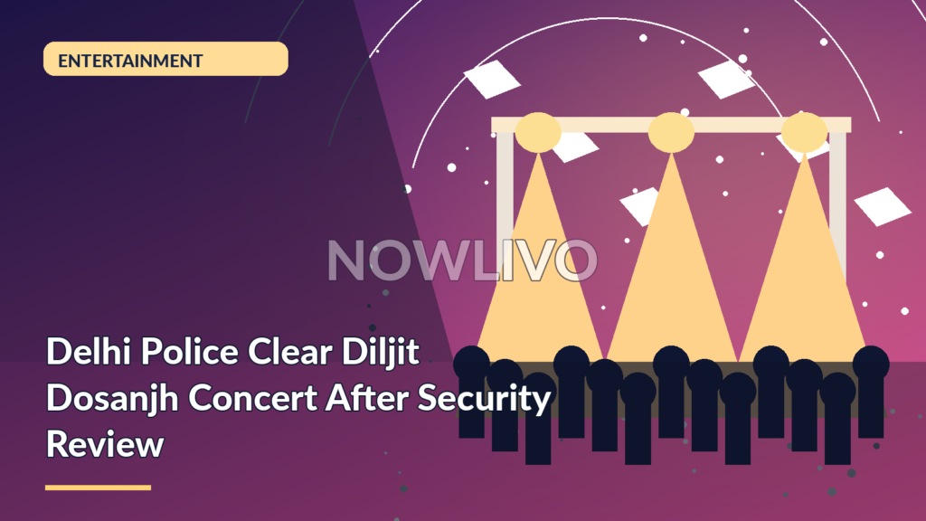 Original NOWLIVO editorial illustration showing Punjabi pop concert stadium, stage lights, police barricade and music notes.