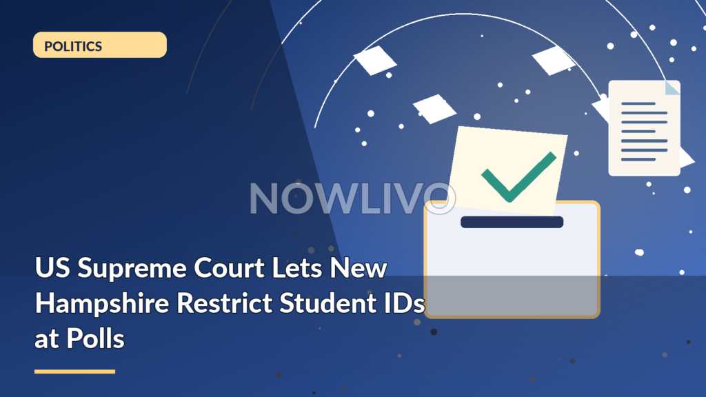 Original NOWLIVO editorial illustration showing United States ballot box, student identification card, courthouse and voting booth.