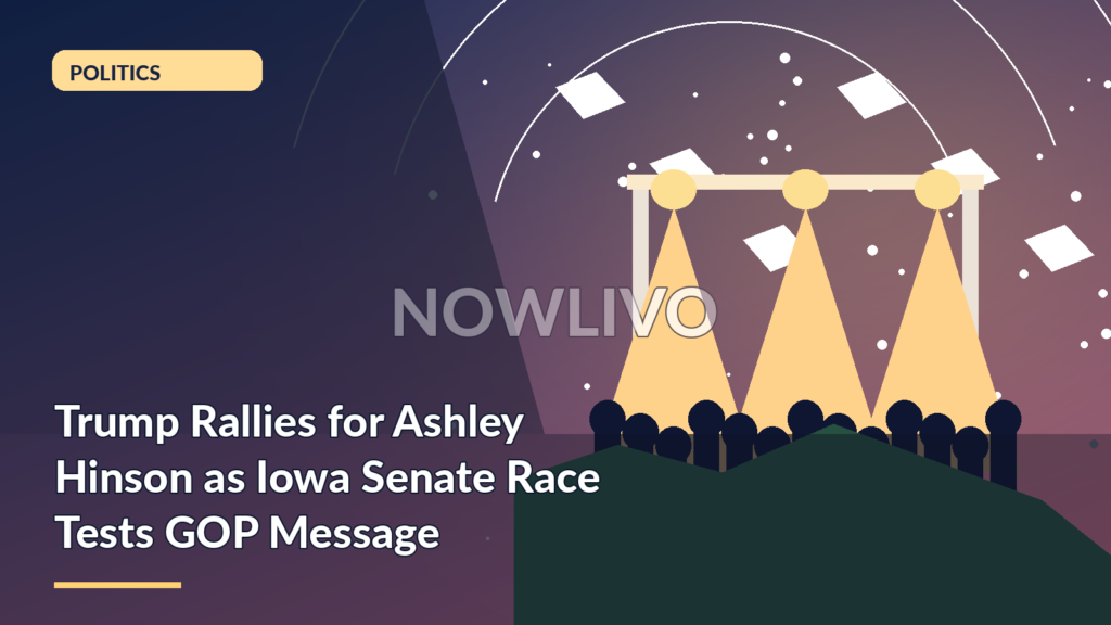 Original NOWLIVO editorial illustration showing Iowa cornfields, US flag, airport rally stage and senate dome.