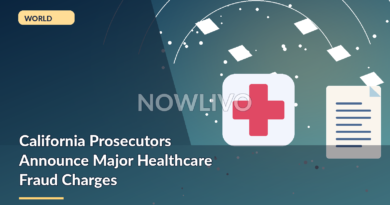 Original NOWLIVO editorial illustration showing California hospital, medical billing folders, magnifying glass and justice scales.