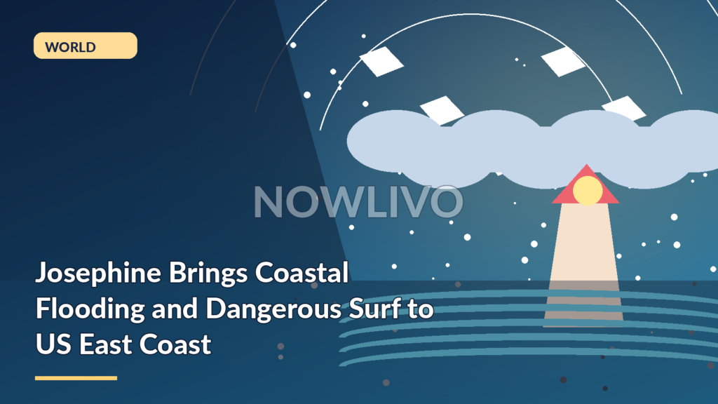 Original NOWLIVO editorial illustration showing Atlantic coast lighthouse, dramatic offshore storm, rough waves and coastal road.
