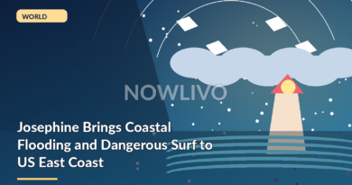 Original NOWLIVO editorial illustration showing Atlantic coast lighthouse, dramatic offshore storm, rough waves and coastal road.