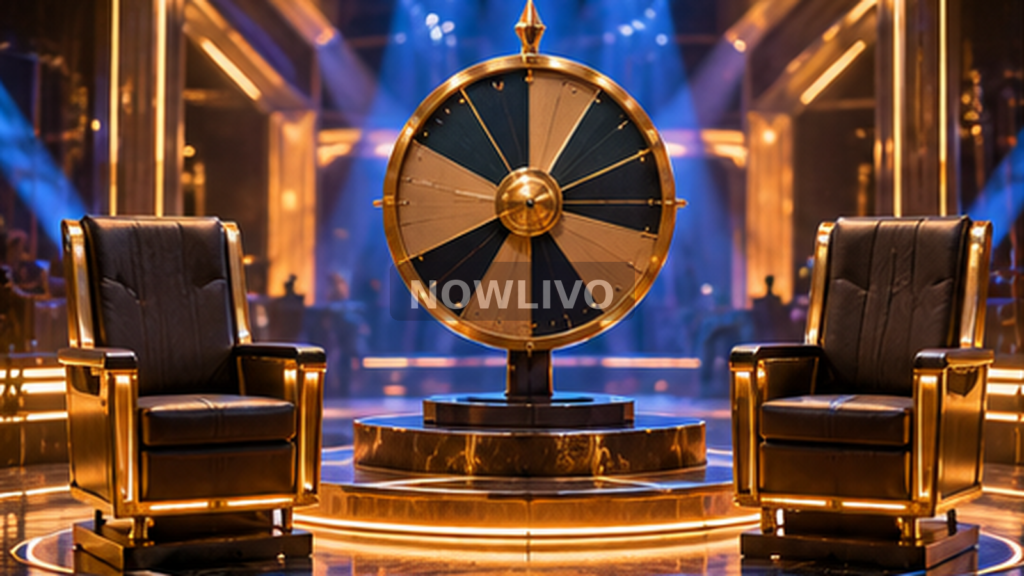 Conceptual television competition stage with two empty captain chairs and a gold-and-blue decision wheel, not a photograph of Bigg Boss 20