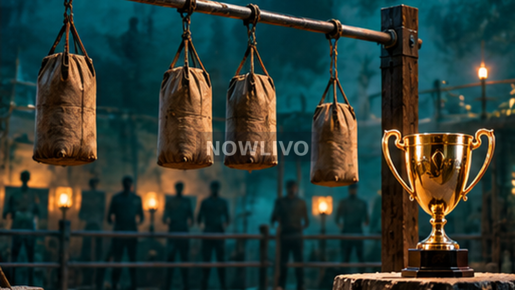 Conceptual endurance-game arena with weighted sandbags suspended from a bar and a gold trophy, not a photograph of Bigg Boss Telugu 10