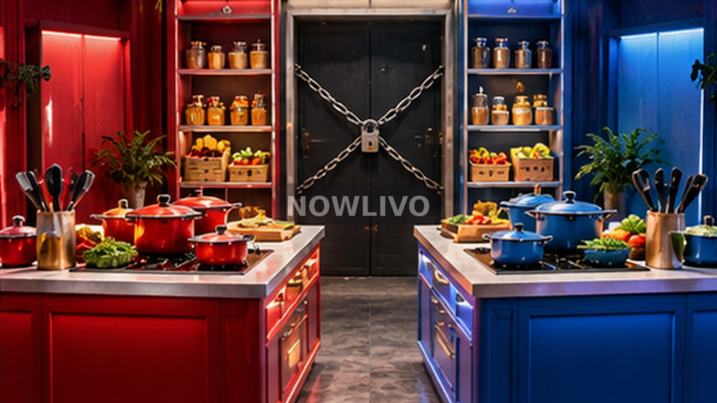 Conceptual red-and-blue team kitchens separated by a chained pantry door, not a photograph of Bigg Boss Tamil 10 or the raw-food incident