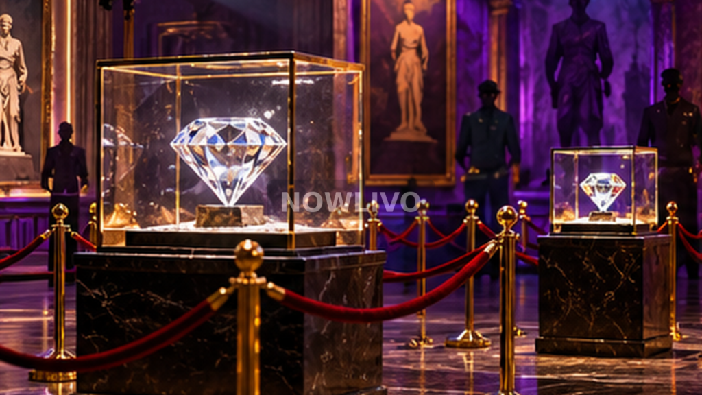 Conceptual purple-and-gold museum with two diamond display cases and anonymous security silhouettes, not a photograph of Bigg Boss Kannada 13