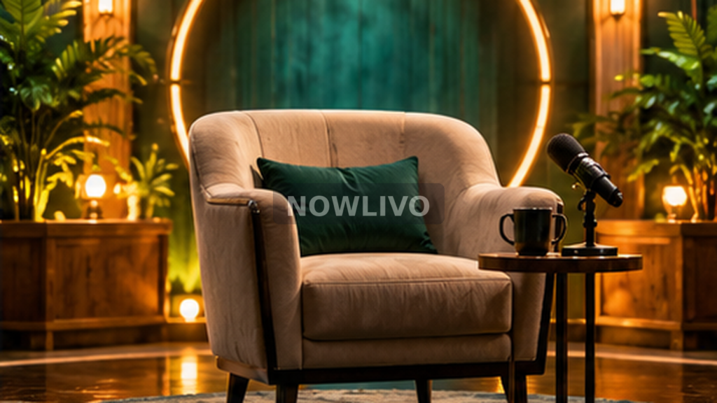 Conceptual calm television interview chair with microphone and warm green lighting, illustrating a post-show statement rather than an actual photograph of Nilina