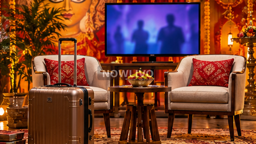 Conceptual Bengali festive television lounge with a suitcase and two empty chairs, illustrating a wildcard arrival without depicting Sourav Das