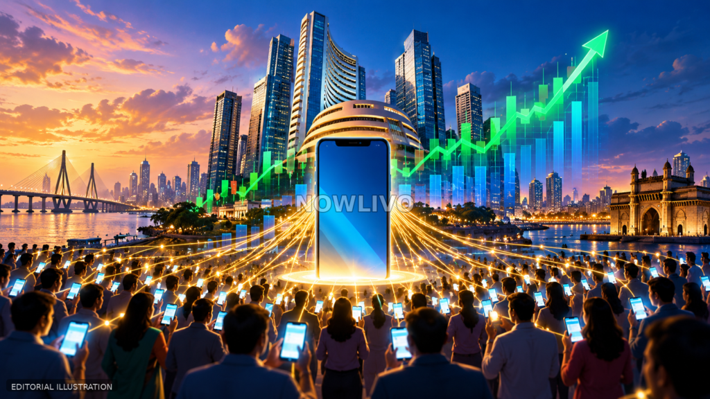 Editorial illustration of a smartphone, investors, Mumbai-inspired skyline and rising market graphics representing demand for the Jio Platforms IPO.