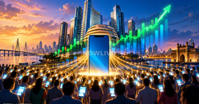 Editorial illustration of a smartphone, investors, Mumbai-inspired skyline and rising market graphics representing demand for the Jio Platforms IPO.
