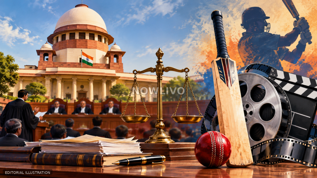 Editorial illustration of a courthouse, scales of justice, cricket bat and ball, and film reels representing the Doosra release dispute.
