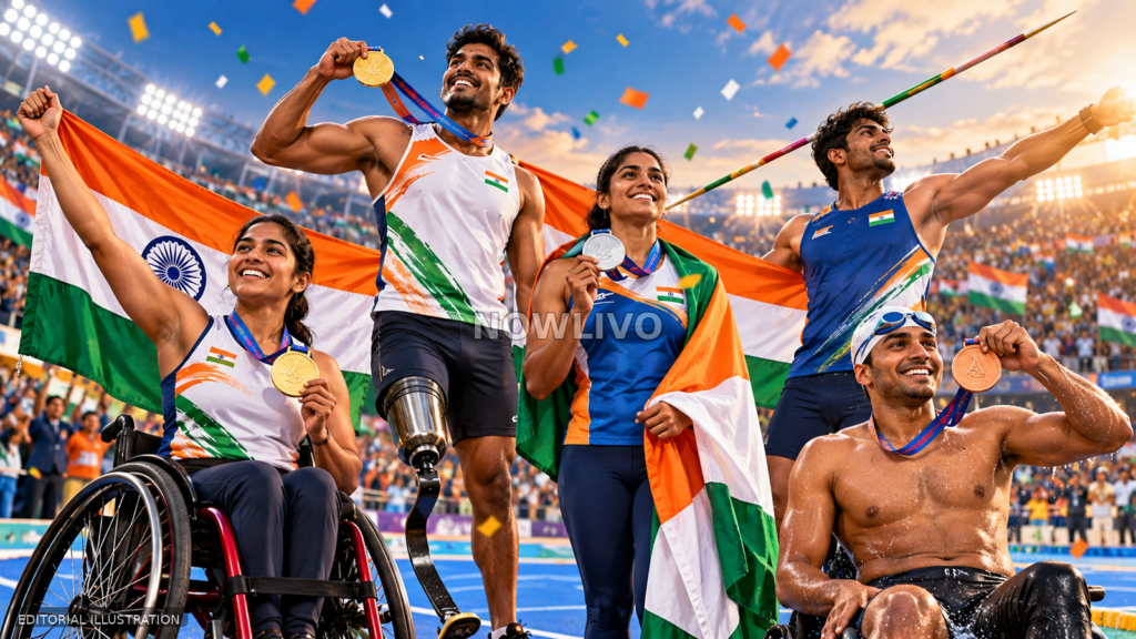 Editorial illustration of Indian para-athletes with medals in a brightly lit stadium, including wheelchair racing, throwing and swimming.