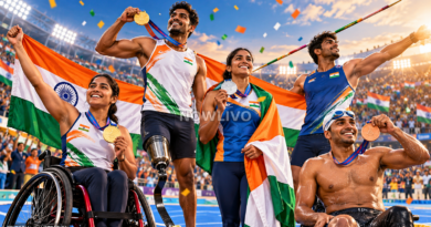 Editorial illustration of Indian para-athletes with medals in a brightly lit stadium, including wheelchair racing, throwing and swimming.
