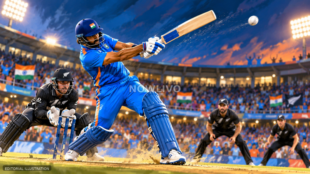 Editorial illustration of a blue-clad Indian batter striking a cricket ball under stadium floodlights during a high-energy T20 match.