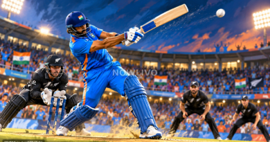 Editorial illustration of a blue-clad Indian batter striking a cricket ball under stadium floodlights during a high-energy T20 match.