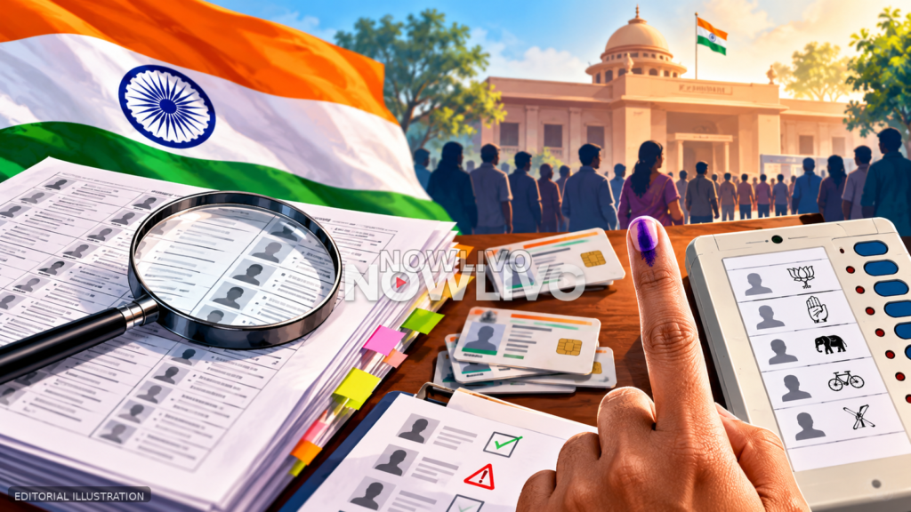 Editorial illustration of Indian voter lists under a magnifying glass beside voter cards, an electronic voting machine and a government building.