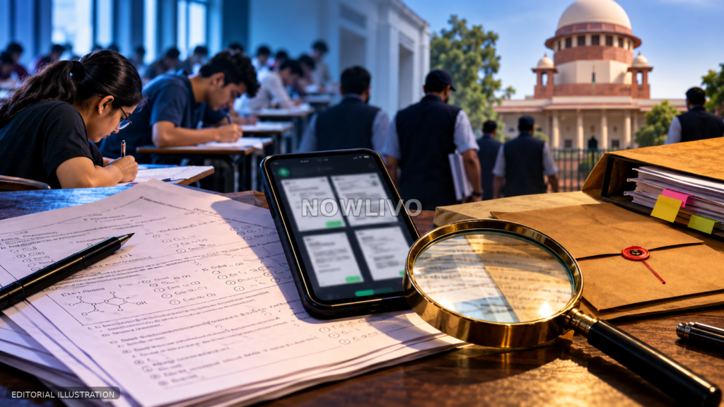 Editorial illustration of exam papers, a smartphone, magnifying glass and investigation files symbolising the NEET-UG paper-leak probe.