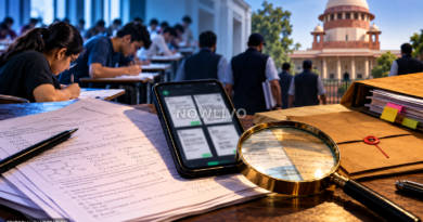 Editorial illustration of exam papers, a smartphone, magnifying glass and investigation files symbolising the NEET-UG paper-leak probe.