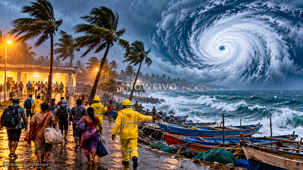 Editorial illustration of a powerful cyclone cloud over the Bay of Bengal, rough coastal waters, palms, fishing boats and evacuation activity.