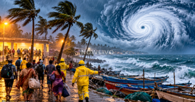 Editorial illustration of a powerful cyclone cloud over the Bay of Bengal, rough coastal waters, palms, fishing boats and evacuation activity.
