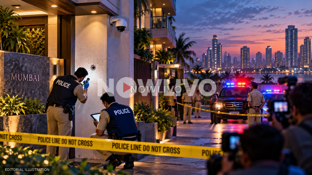 Editorial illustration of a Mumbai residential entrance at dusk with police investigators, media cameras and emergency lights; not a depiction of the actual incident.