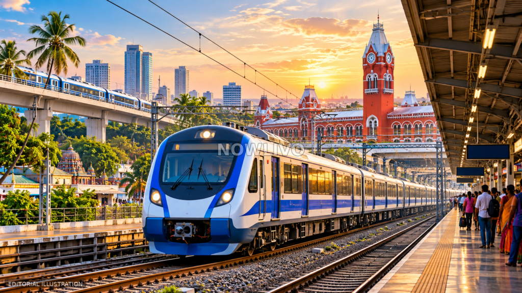 Editorial illustration of a blue-and-white air-conditioned suburban train arriving at a Chennai-inspired station during a golden sunset.