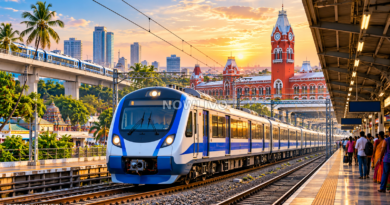 Editorial illustration of a blue-and-white air-conditioned suburban train arriving at a Chennai-inspired station during a golden sunset.