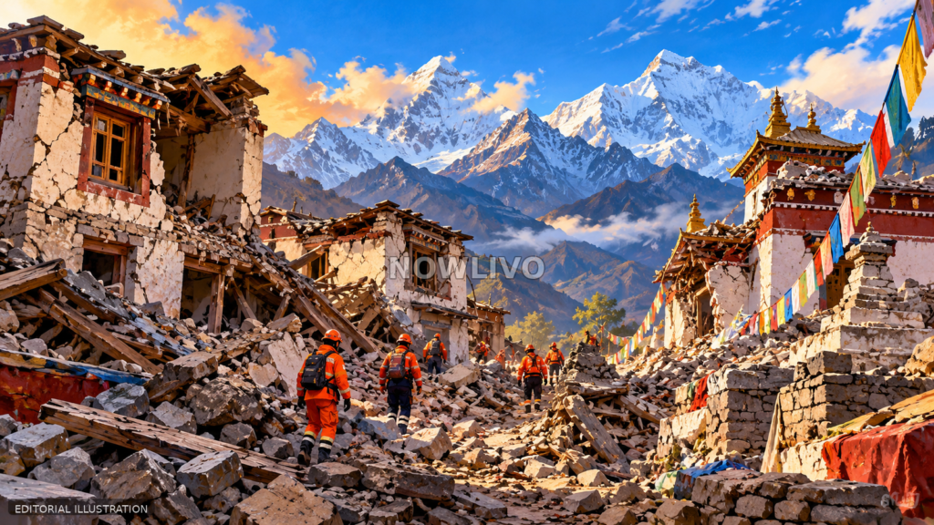 Editorial illustration of a Himalayan village damaged by an earthquake, with rescue workers in orange gear, rubble and snow-capped peaks; not a documentary photograph.