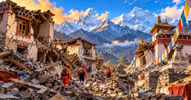 Editorial illustration of a Himalayan village damaged by an earthquake, with rescue workers in orange gear, rubble and snow-capped peaks; not a documentary photograph.