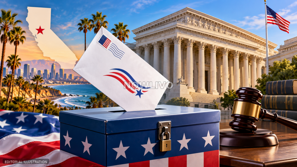 Editorial illustration of a U.S. ballot box, California coastline, federal courthouse and legal gavel; illustrative artwork, not a photograph of a court proceeding.