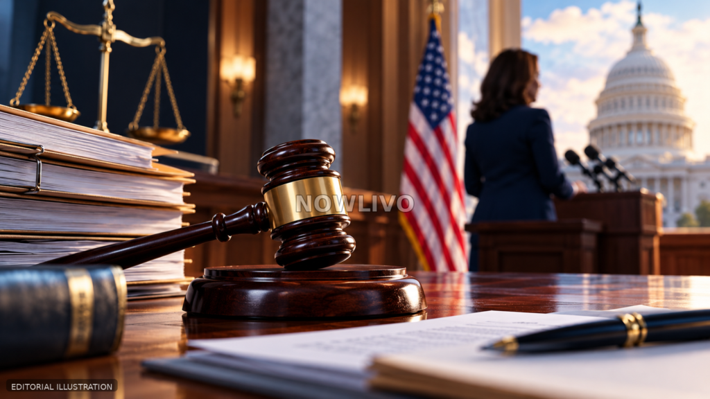 Editorial illustration of a courtroom gavel, legal files, U.S. flag and Capitol-like dome representing a federal case involving a Virginia state senator.