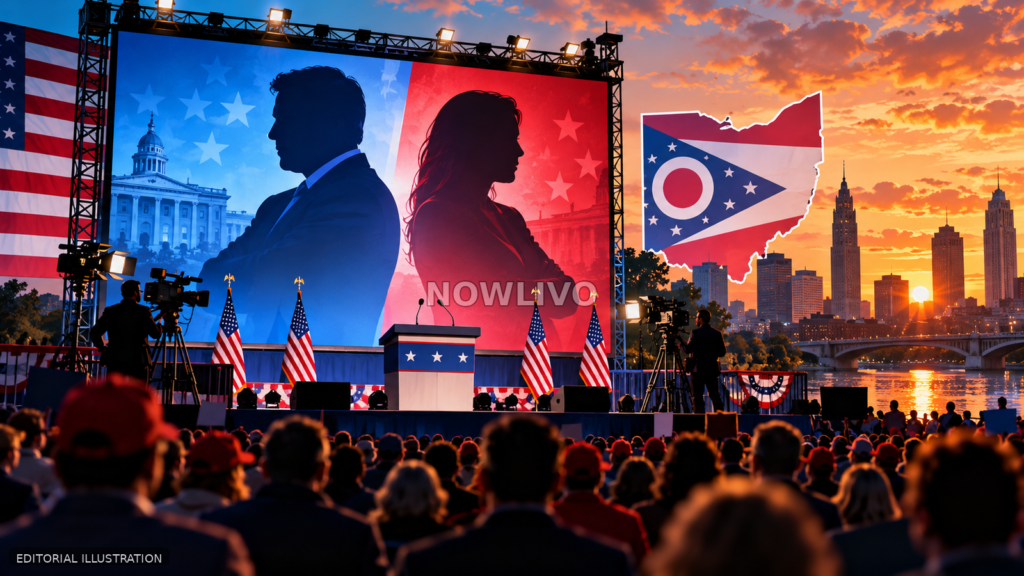 Editorial illustration of a U.S. campaign rally with red and blue screens, opposing silhouettes, Ohio outline, cameras and flag-themed staging.