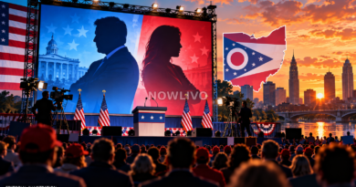 Editorial illustration of a U.S. campaign rally with red and blue screens, opposing silhouettes, Ohio outline, cameras and flag-themed staging.