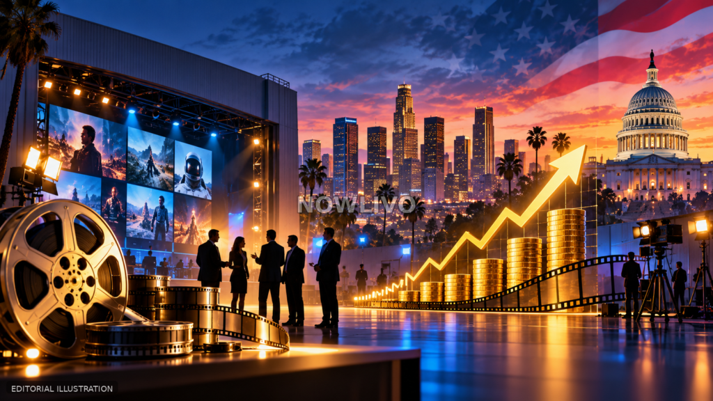 Editorial illustration combining a film studio, media skyline, executive silhouettes, financial growth graphics and the U.S. Capitol.