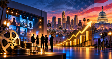 Editorial illustration combining a film studio, media skyline, executive silhouettes, financial growth graphics and the U.S. Capitol.